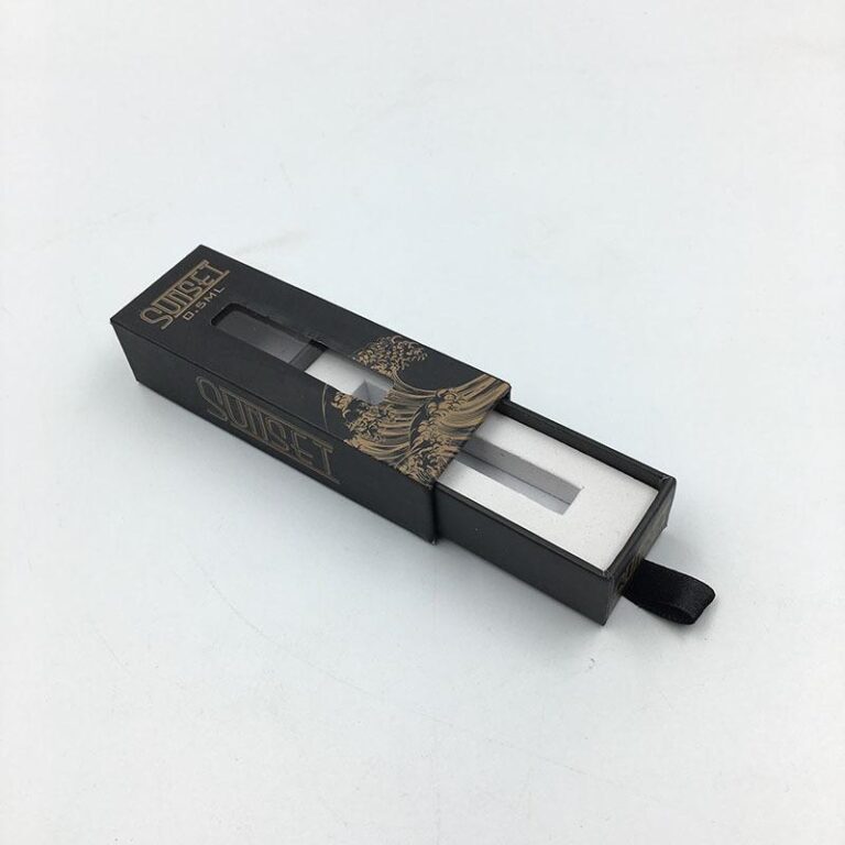 Premium child-resistant CBD packaging box with push-button drawer design for vape cartridges and CBD products.