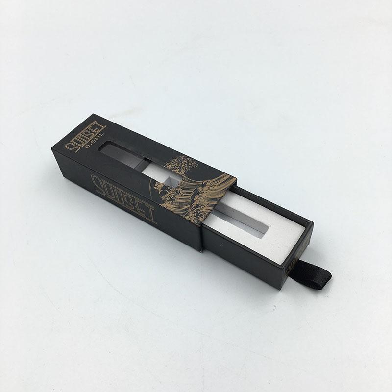 Premium child-resistant CBD packaging box with push-button drawer design for vape cartridges and CBD products.