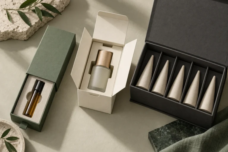 Three custom paper box systems with fitted inserts for a cartridge, bottle and five cone-shaped product dummies