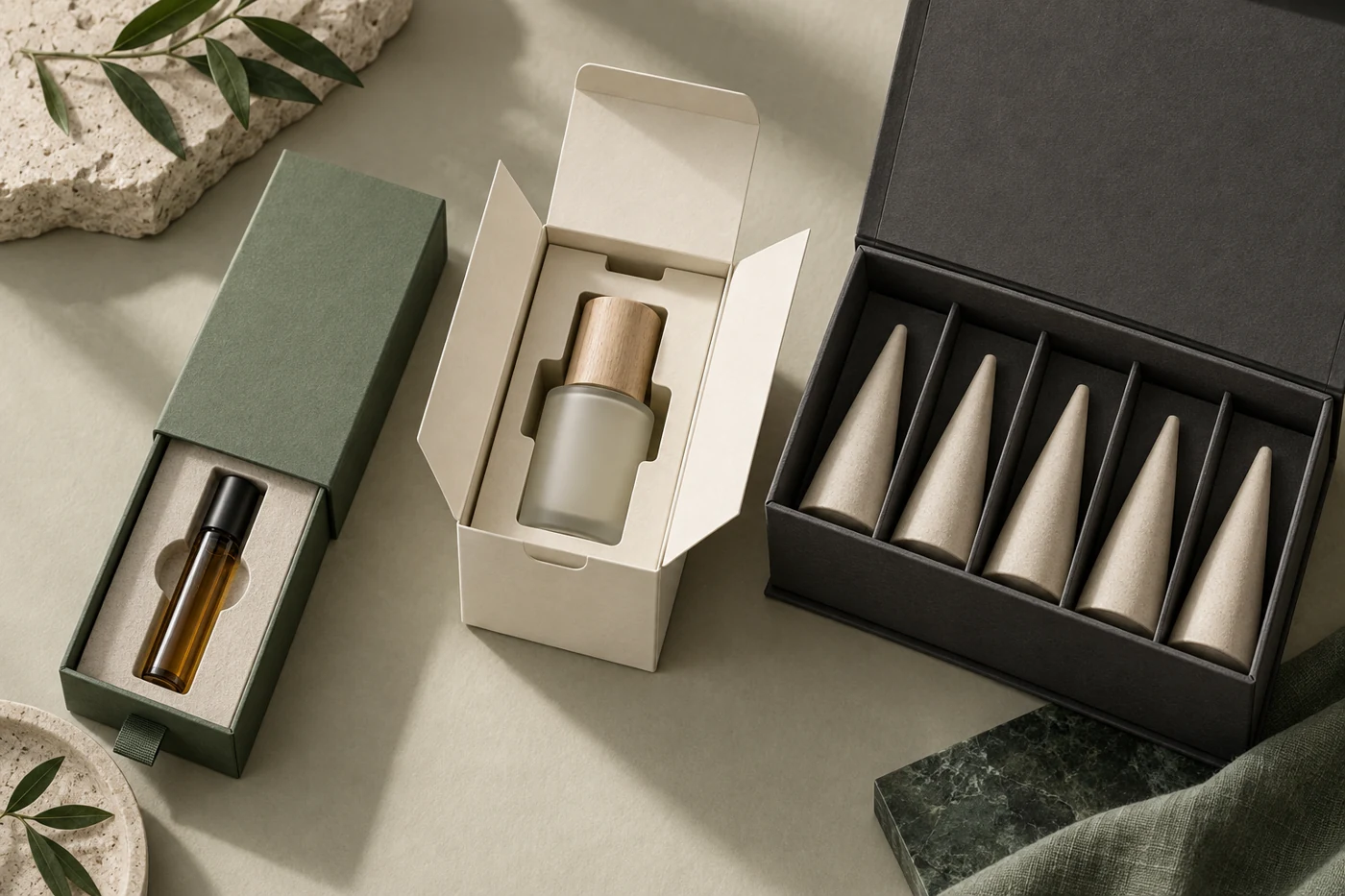Three custom paper box systems with fitted inserts for a cartridge, bottle and five cone-shaped product dummies