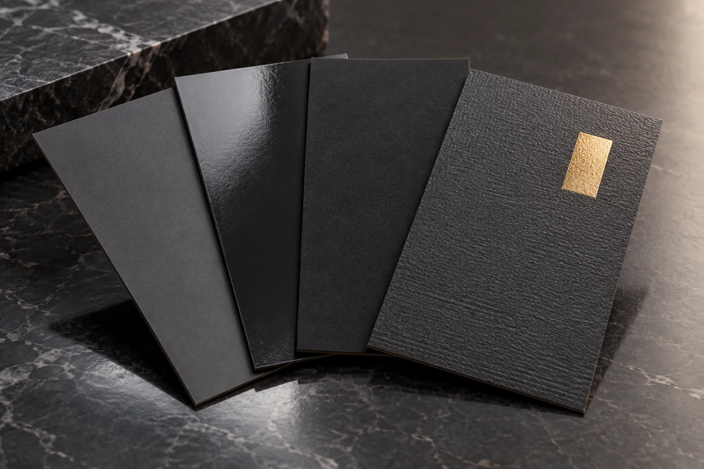 Four dark paperboard finish samples with matte, glossy and textured appearances