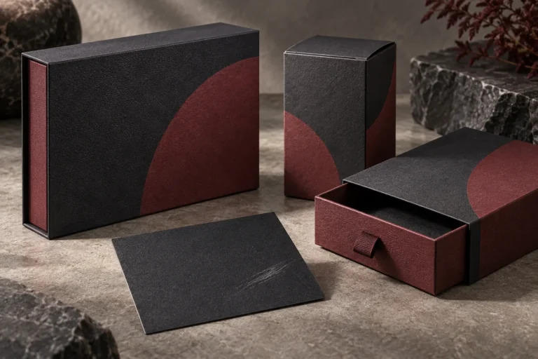 Charcoal and burgundy gift boxes beside a dark paperboard sample with a visible rub mark