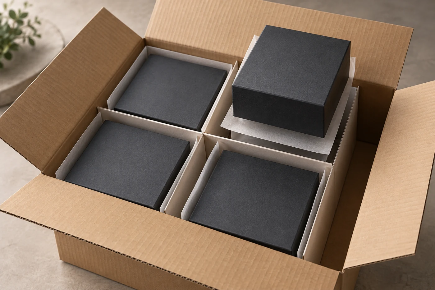 Dark gift boxes arranged with paperboard dividers and protective sheets in a shipping carton