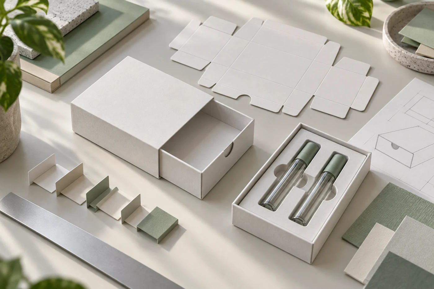 Drawer box and fitted cartridge tray prototypes arranged with dieline samples on a packaging design table