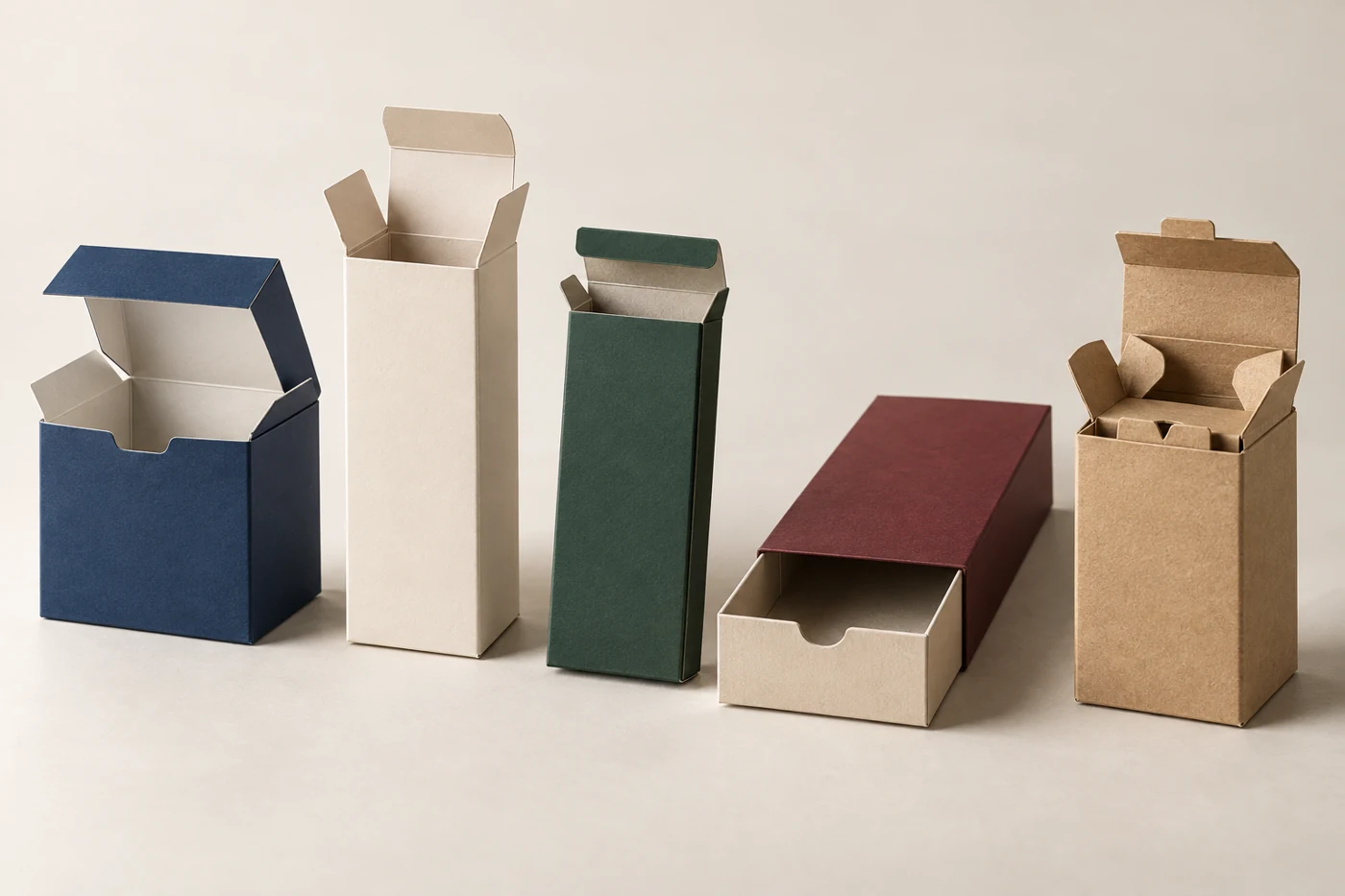 Five unbranded paper carton structures displayed for fold-quality inspection