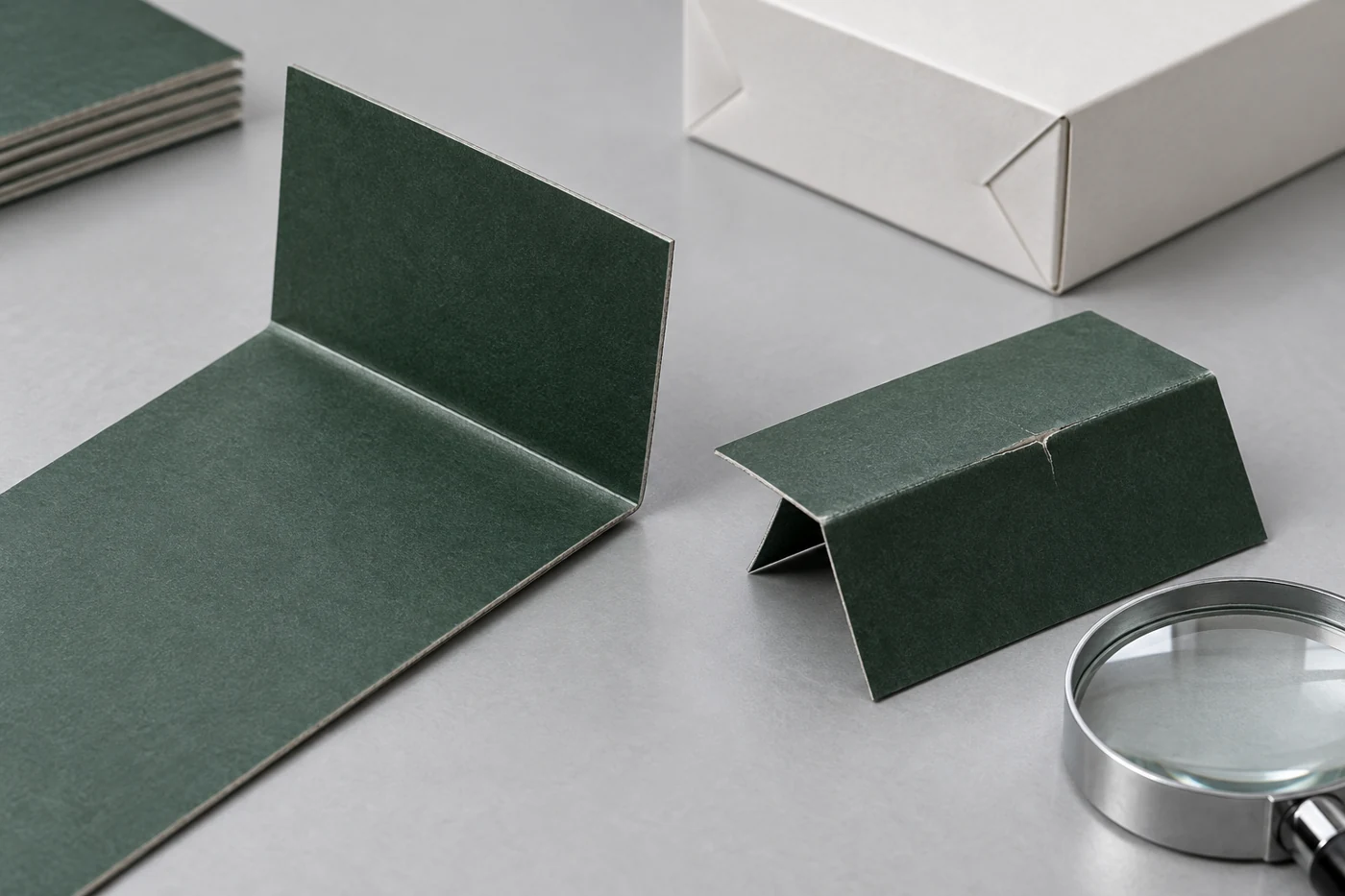 Two green paperboard fold samples under inspection, one smooth and one with a minor surface crack
