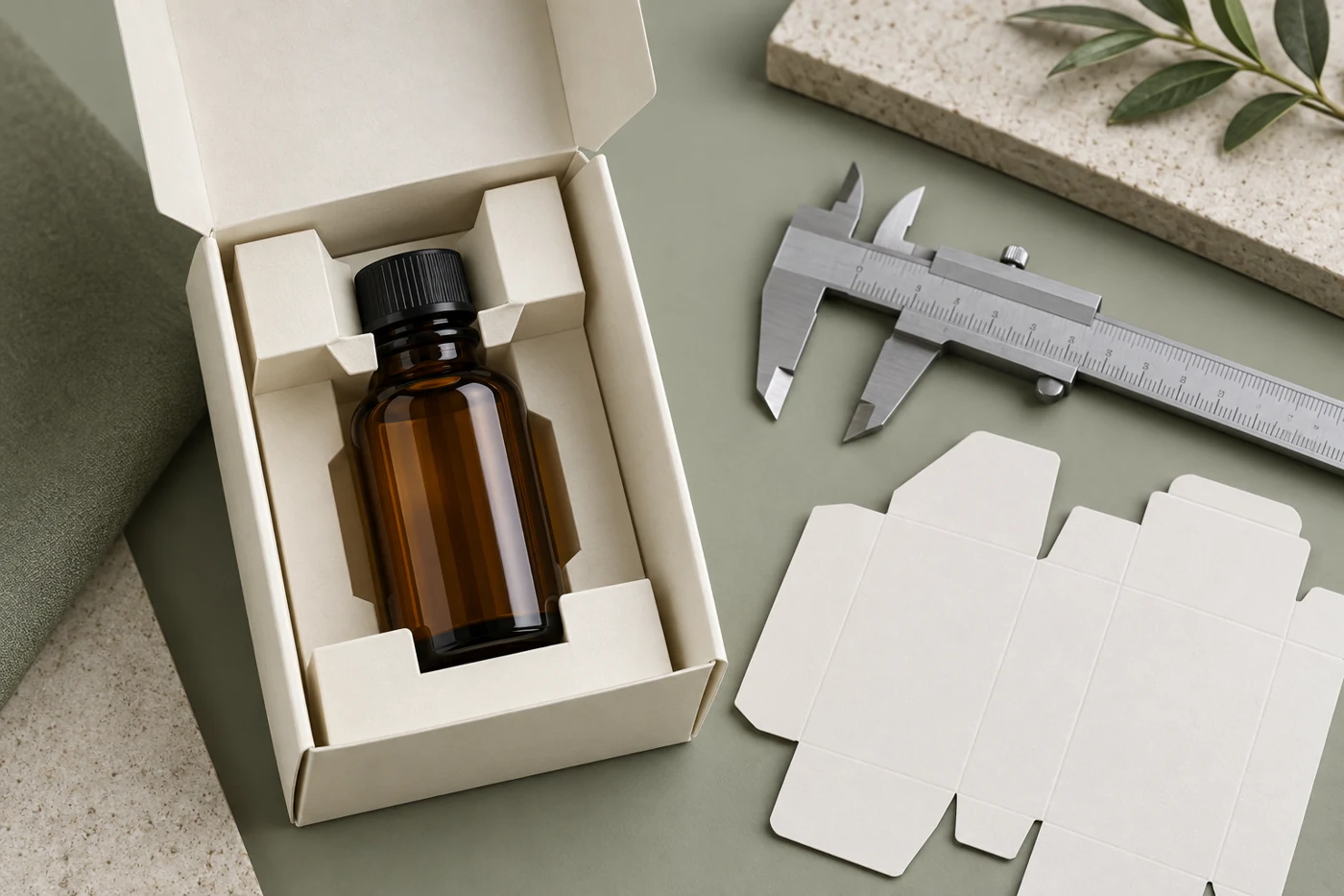 Amber bottle supported at its shoulder and base by a folded paperboard insert beside a caliper and sample blank