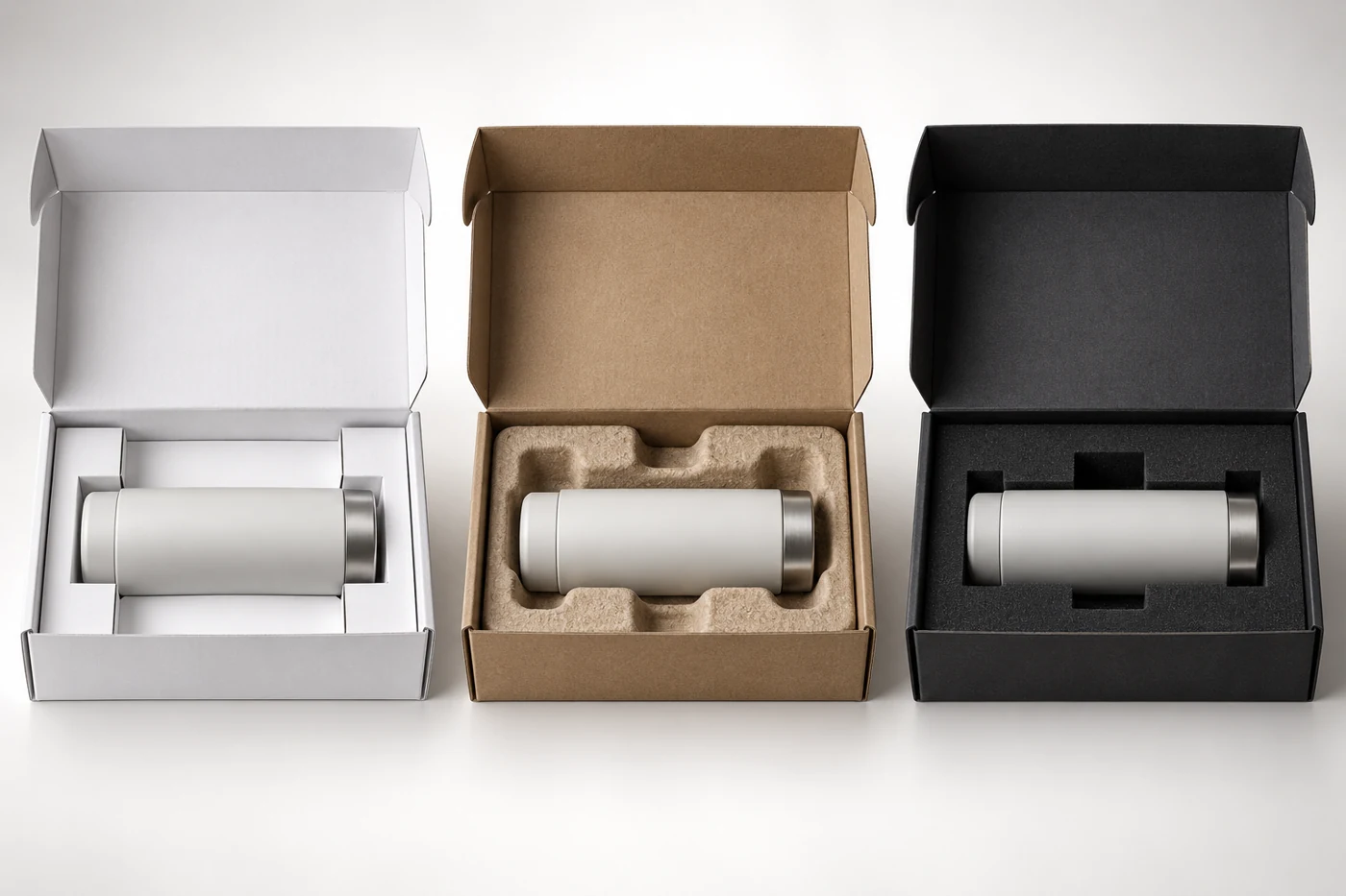 Side-by-side folded paperboard, molded fiber and foam insert concepts holding the same cylindrical product dummy