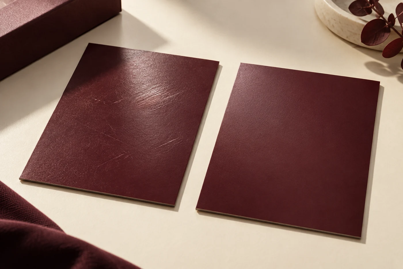 Two burgundy paperboard samples showing a marked surface beside an unmarked surface