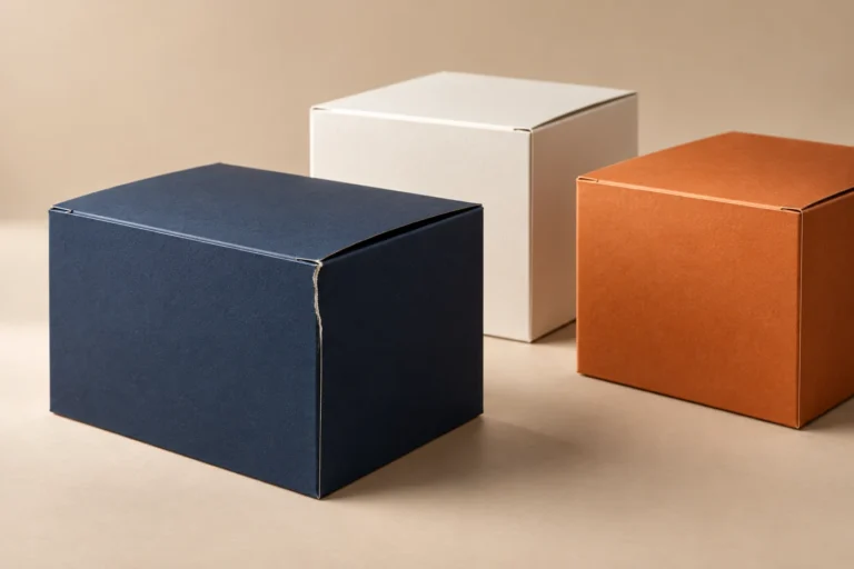 Three unbranded printed cartons comparing a cracked navy fold with smooth intact folds