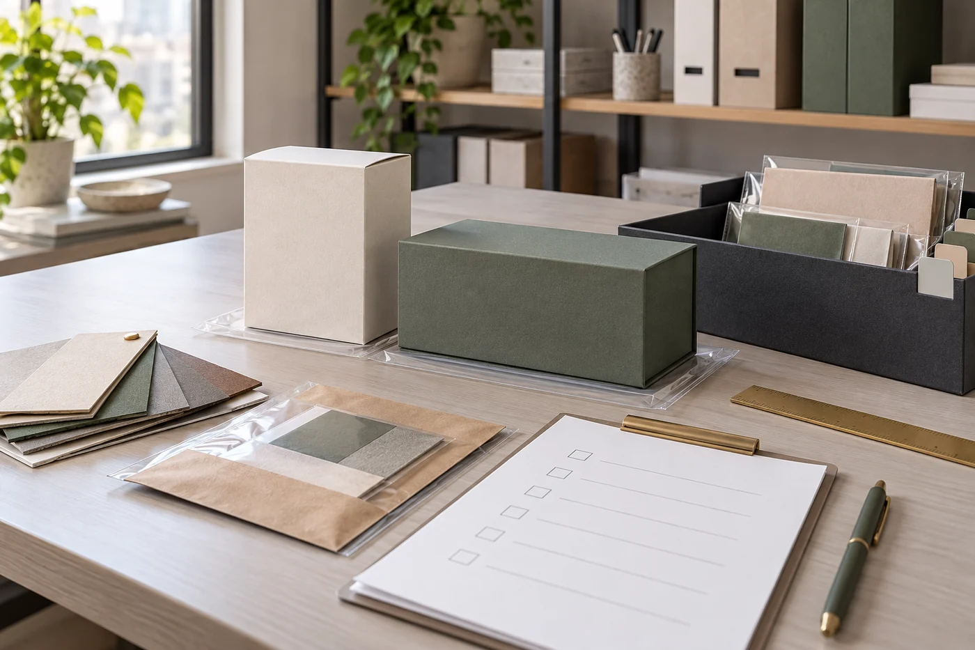 Unbranded folding and rigid box reference samples archived with material swatches and an approval checklist