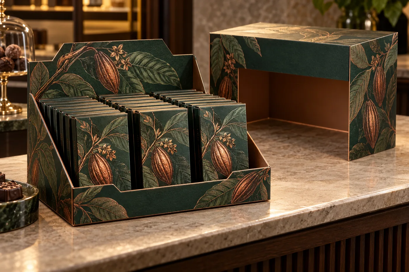Emerald printed display tray with boxed chocolate bars beside a separate matching cover concept