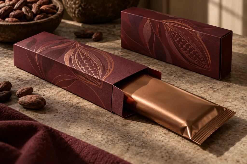 Sealed bronze chocolate pouch partly withdrawn from a burgundy carton with copper cocoa-pod decoration