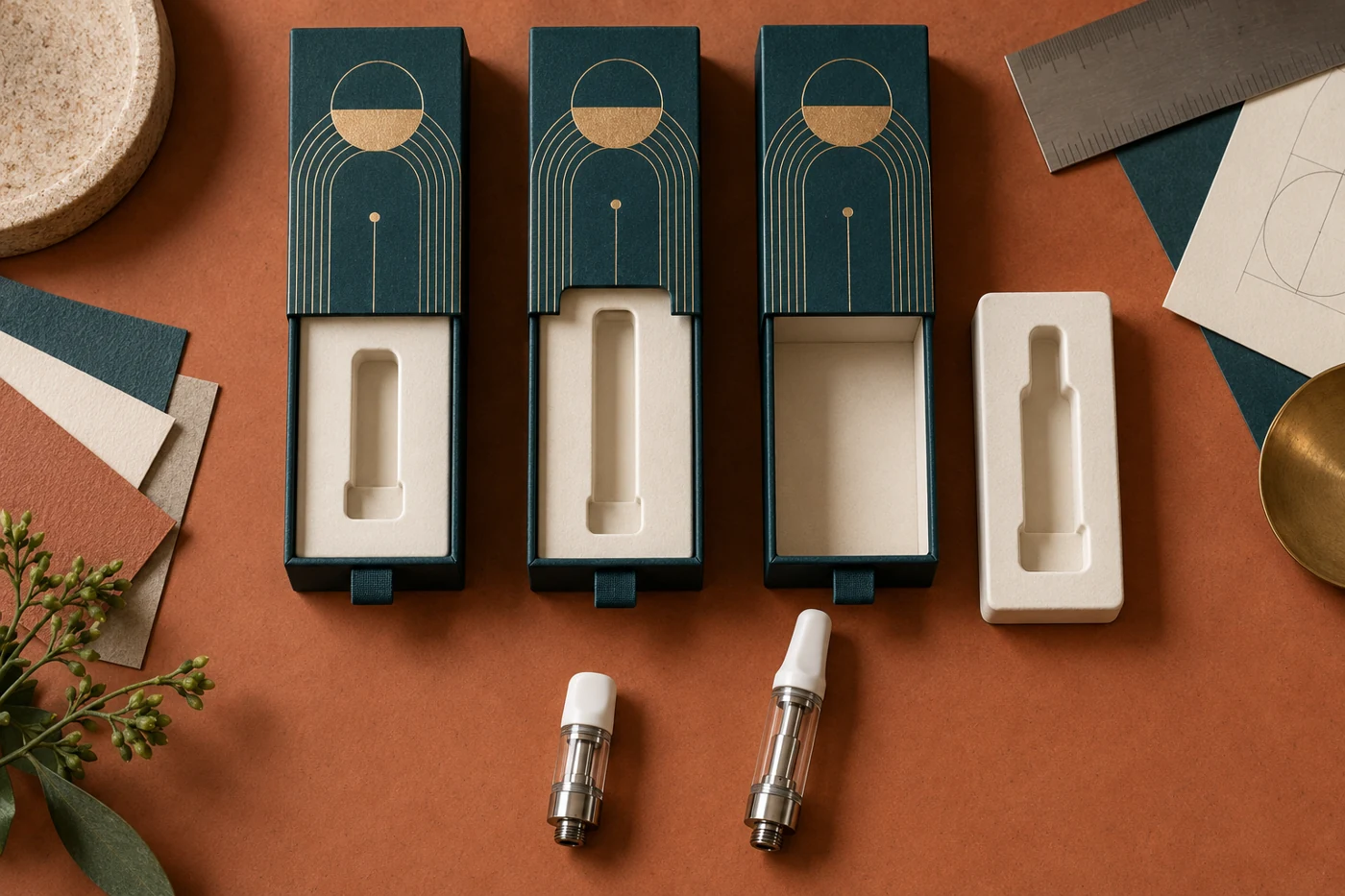 Three teal drawer box samples with different ivory insert openings beside two empty cartridge hardware components