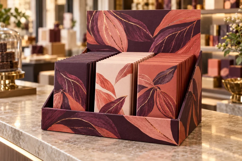 Botanical printed counter display holding rows of individual chocolate bar cartons on a boutique counter