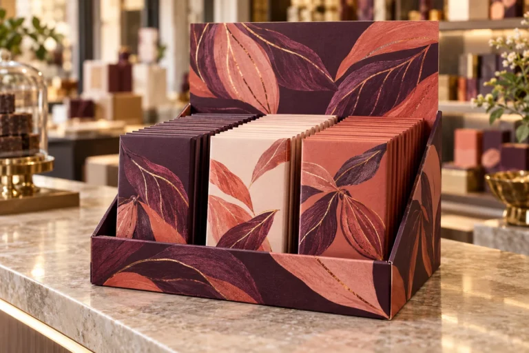 Botanical printed counter display holding rows of individual chocolate bar cartons on a boutique counter