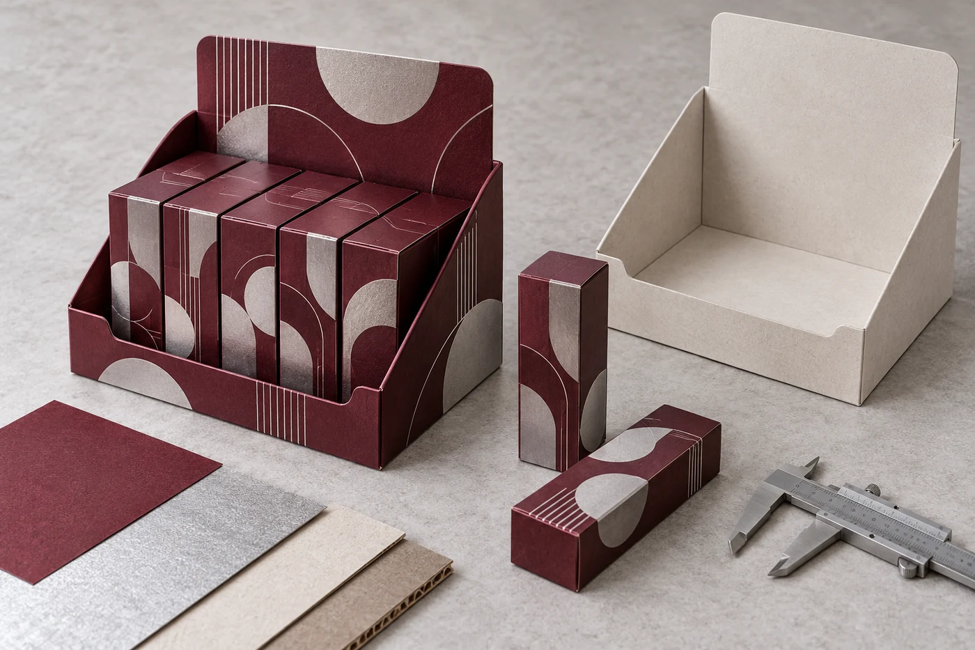 Printed burgundy counter display beside an unprinted prototype, paper samples and caliper