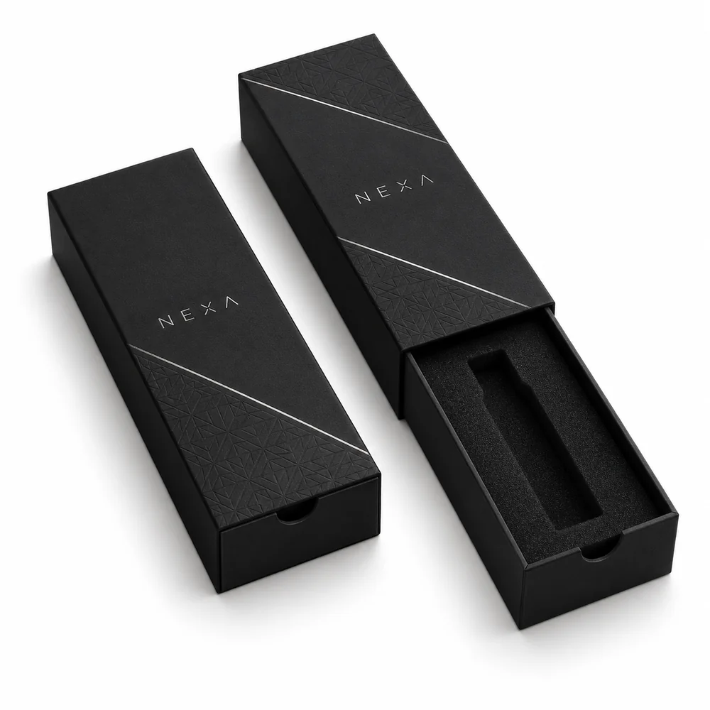 NEXA black drawer box with eva insert for empty cartridge packaging, AI packaging concept