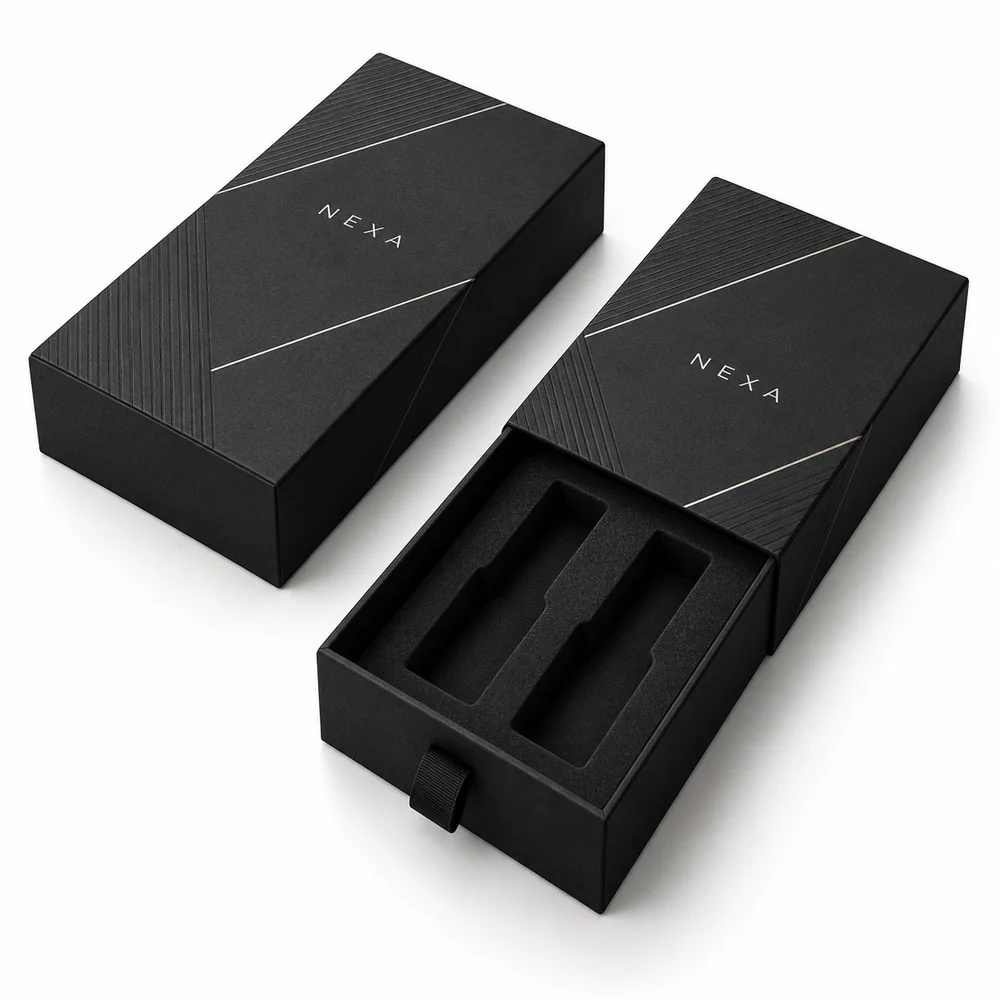 NEXA dual-cartridge drawer box for empty cartridge packaging, AI packaging concept
