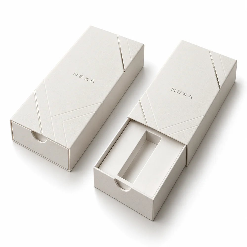NEXA white drawer box with paperboard insert for empty cartridge packaging, AI packaging concept