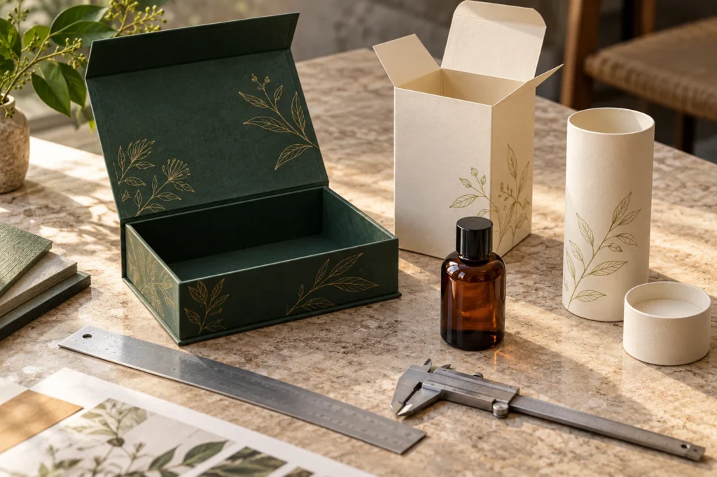 Open green rigid gift box, ivory folding carton and paper tube arranged with measuring tools on a design table