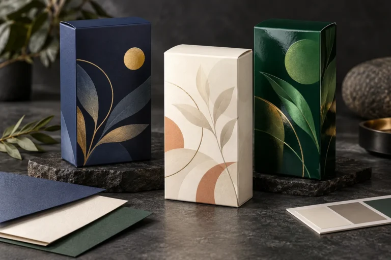 AI concept of three custom folding cartons with matte, satin and gloss surface finishes