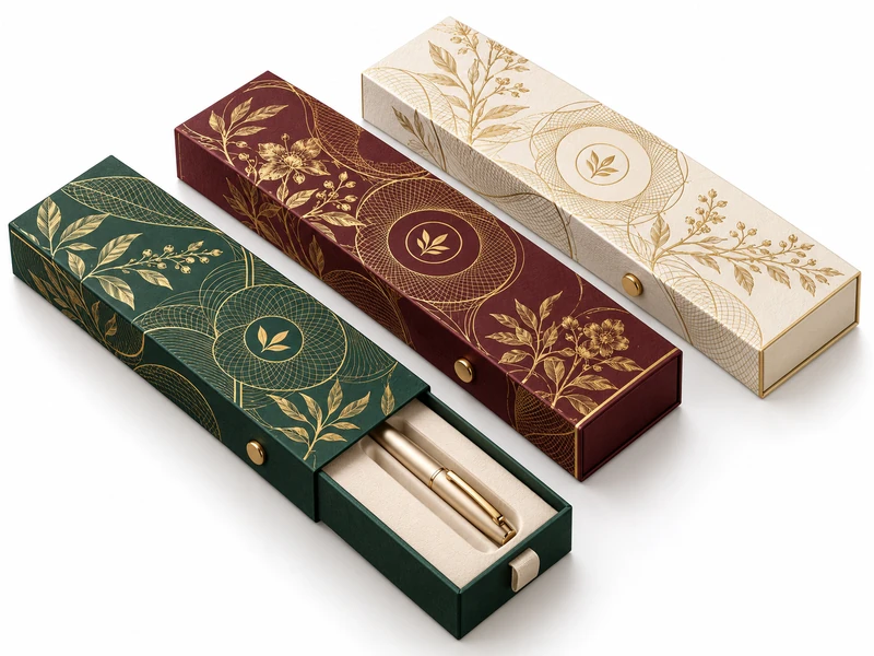 Premium drawer packaging concept with botanical gold artwork in green, burgundy and ivory on a white background