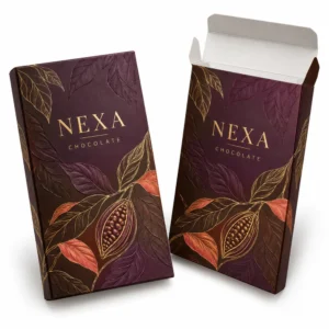 NEXA plum and cocoa printed straight tuck end chocolate bar box with gold foil botanical details, AI packaging concept