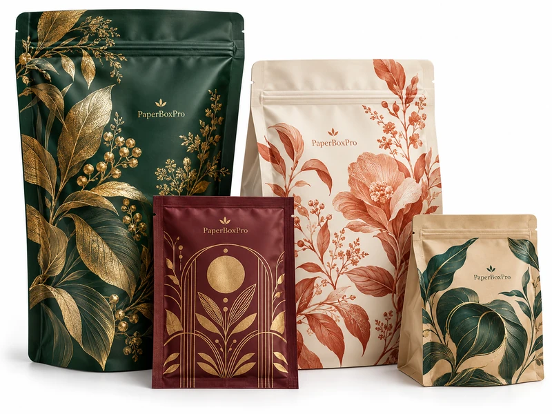 Custom flexible packaging pouches with botanical printed designs in green, burgundy and ivory on a white background