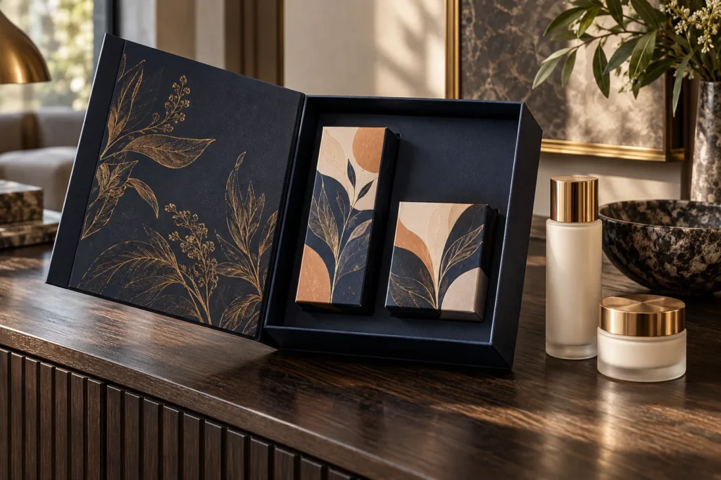 Navy botanical gift box with two individual retail cartons beside an unbranded cosmetic bottle and jar