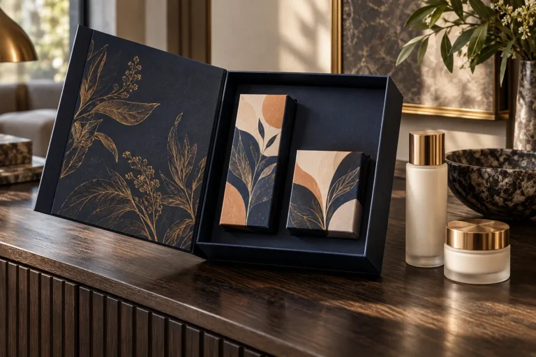 Navy botanical gift box with two individual retail cartons beside an unbranded cosmetic bottle and jar