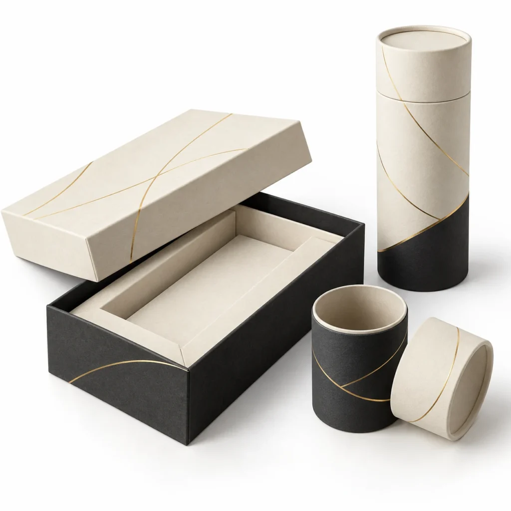 Ivory and charcoal custom rigid gift box with paperboard insert and matching paper tubes with gold foil accents