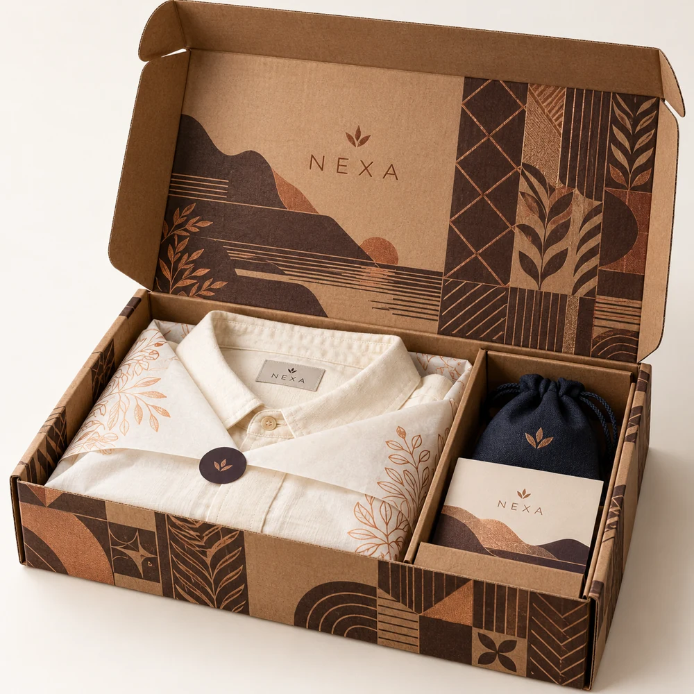 Open custom kraft mailer box with folded apparel, printed tissue and accessory pouch