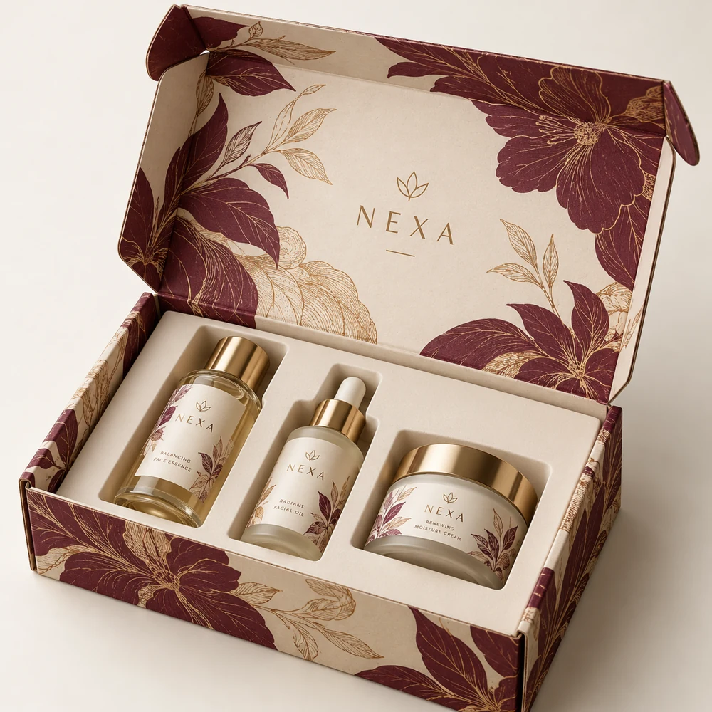 Open ivory and burgundy printed mailer box with skincare bottles and cream jar in a fitted insert