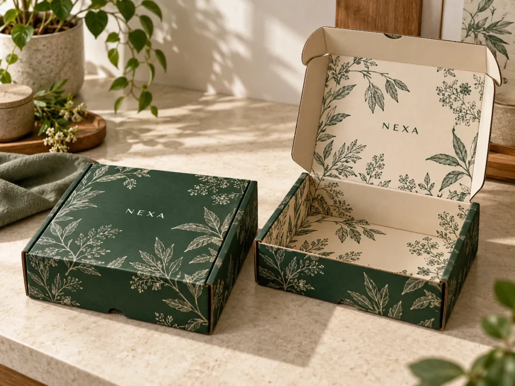 Matching open and closed green mailer boxes showing custom exterior and interior botanical printing
