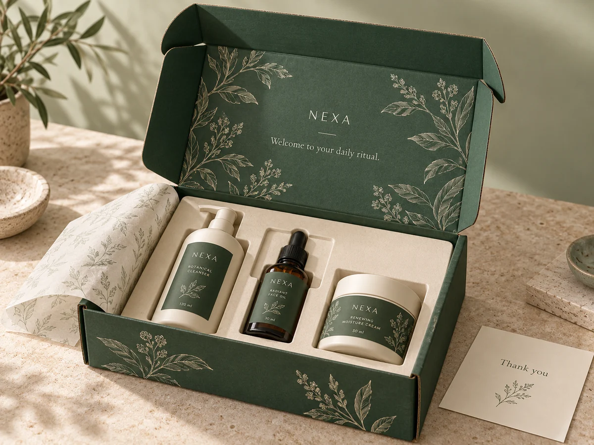 Open forest green custom printed mailer box with a branded interior lid, fitted insert, skincare products, tissue paper and thank-you card