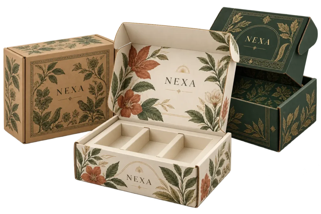 Three custom printed corrugated mailer boxes: a closed kraft box, an open cream box with paperboard inserts, and a partially open dark green box.