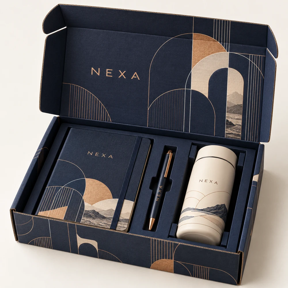 Open navy promotional mailer box with notebook, pen and travel tumbler in a fitted insert
