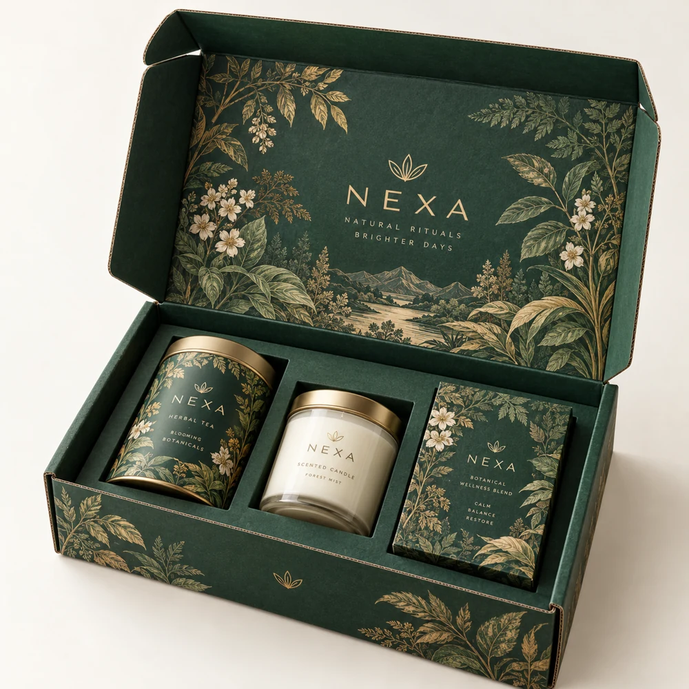 Open green botanical subscription mailer box with tea tin, candle and product carton in fitted compartments