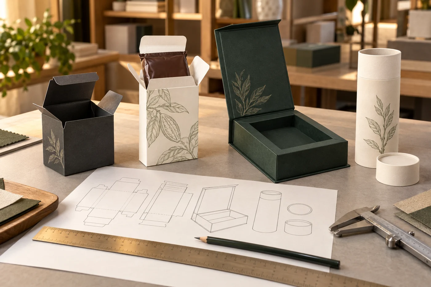 Folding cartons, an open rigid gift box and a paper tube displayed with unlabeled sketches and measuring tools
