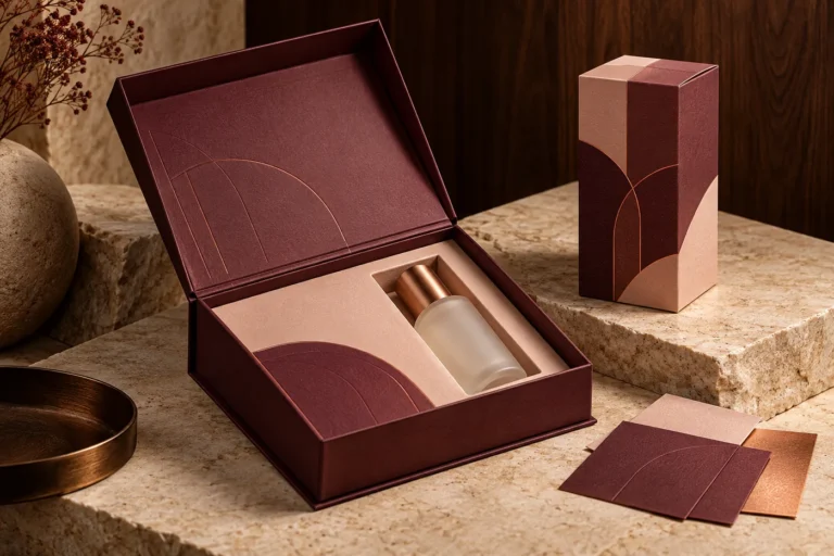 Burgundy rigid gift box with a fitted blush paperboard insert holding an unbranded frosted bottle beside a matching carton