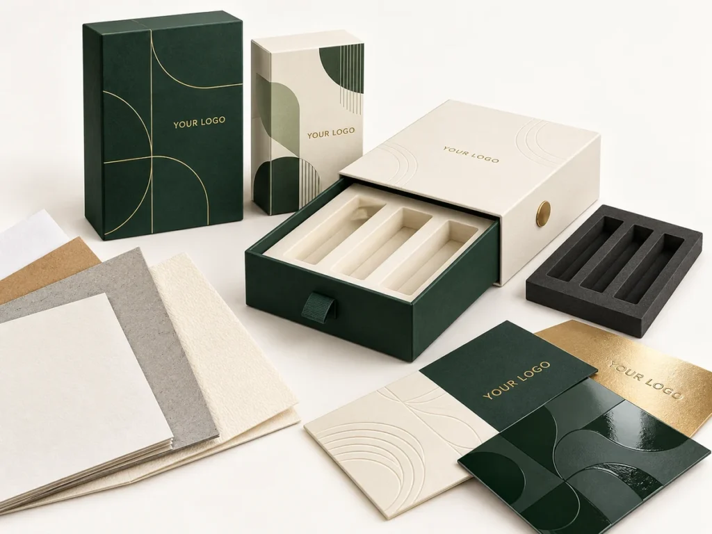 Custom paper packaging with fitted paper and EVA inserts, paperboard samples, logo printing, gold foil, embossing and spot UV finishes.