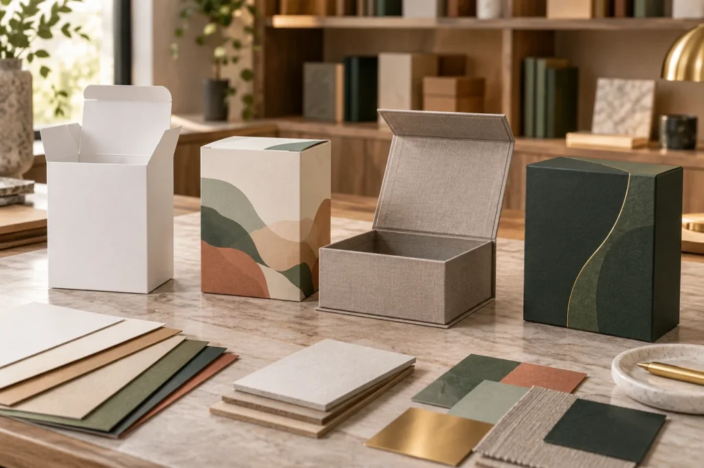 Four unbranded packaging concepts showing structural, printed, rigid and production-reference sample stages