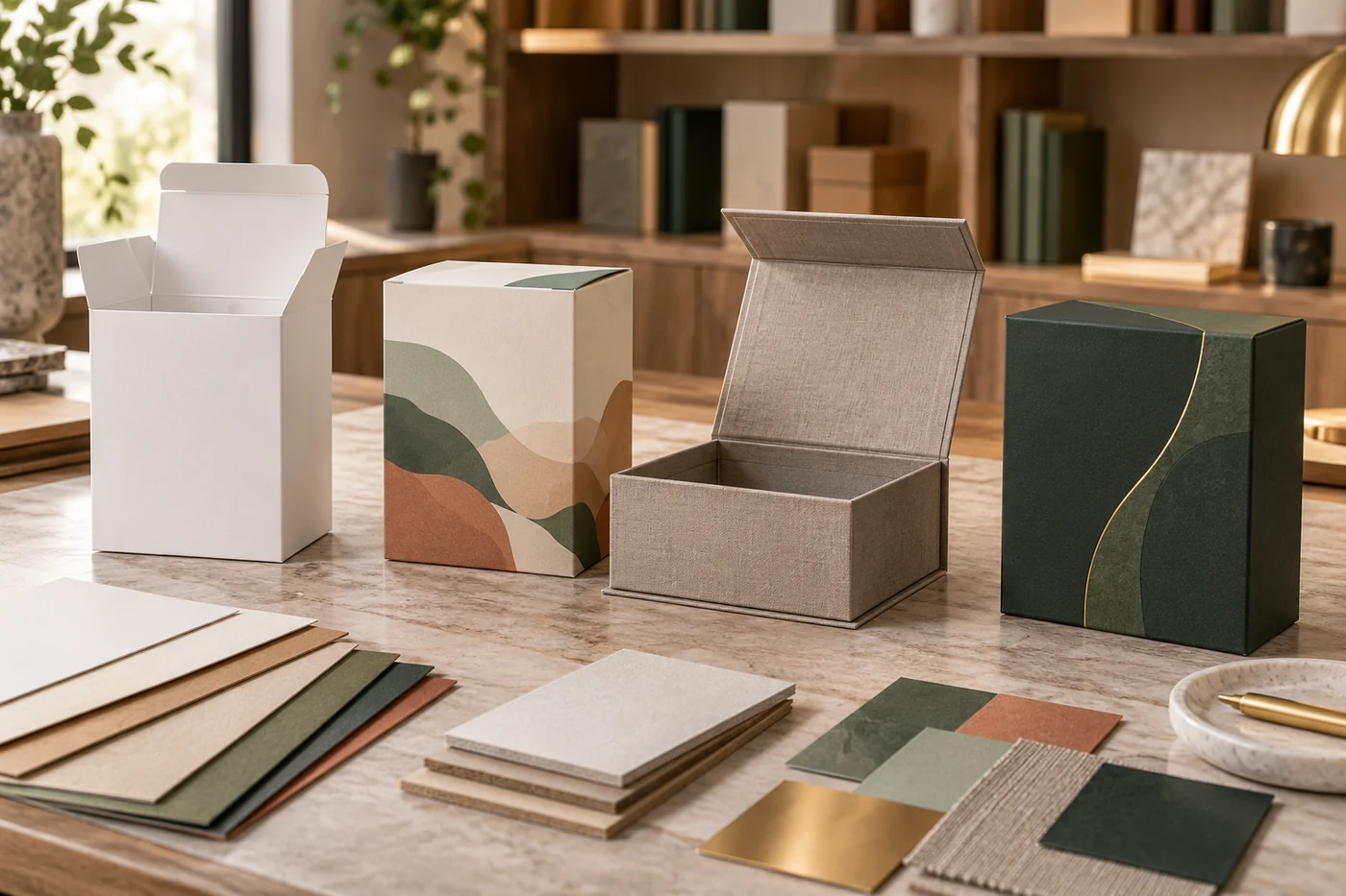 Four unbranded packaging concepts showing structural, printed, rigid and production-reference sample stages