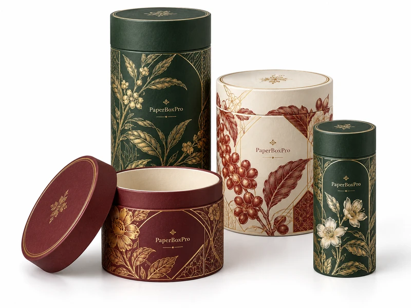 Custom printed paper tubes in varied heights and diameters with botanical artwork and gold details on white