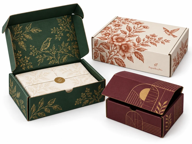 Custom printed corrugated mailer boxes with botanical and gold foil design on a white background