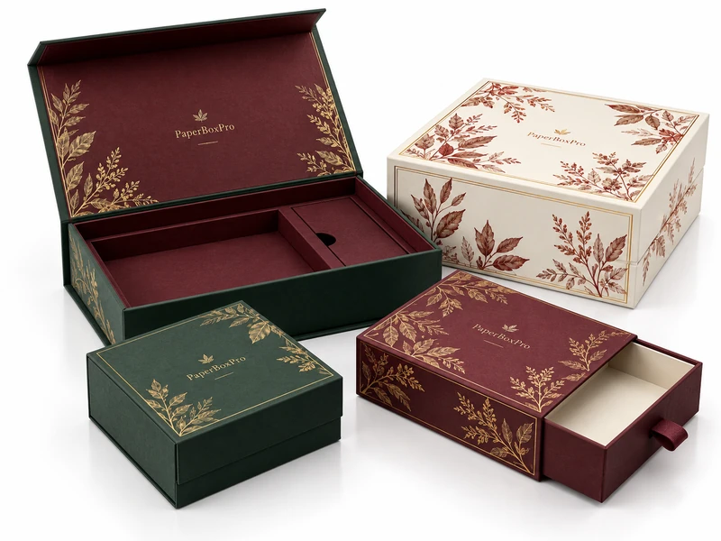 Custom rigid gift boxes with magnetic book-style, lift-off lid and drawer structures in green, burgundy and ivory