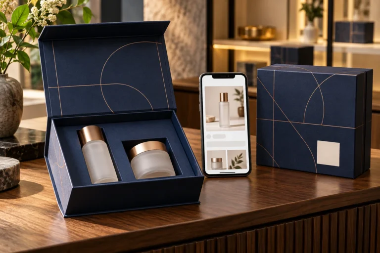 Navy gift box with cosmetic containers, a blank code field and a phone showing a product-guide concept