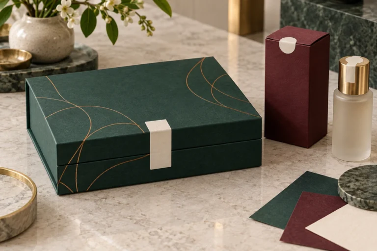 Emerald hinged gift box and burgundy retail carton with blank labels across opening joints