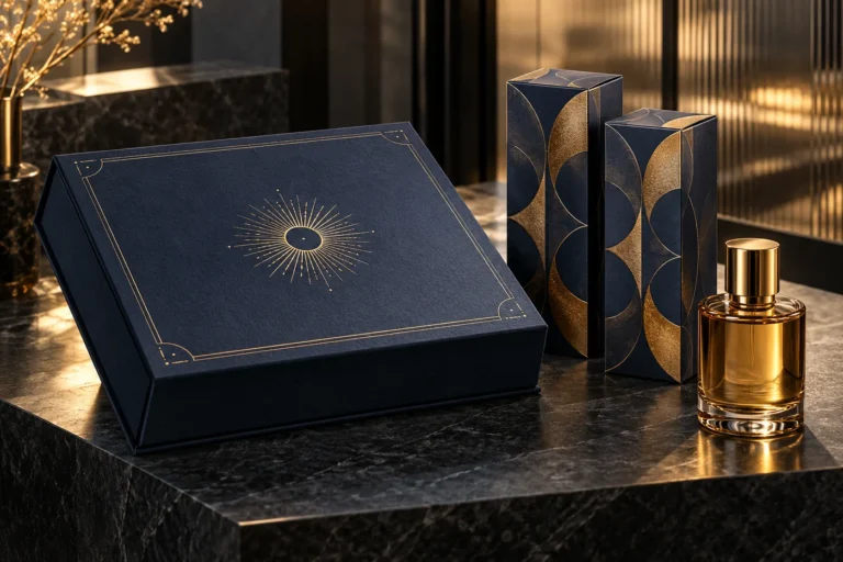 Indigo rigid gift box with a gold sunburst beside patterned cartons and an unbranded perfume bottle